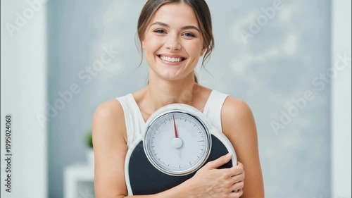 Happy young woman holding bathroom scale and smiling. Weight loss success and healthy lifestyle concept. Joyful female celebrating fitness achievement