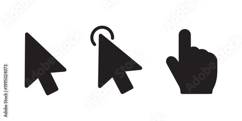 Three black cursor icons arrow select and hand pointing