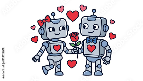 Romantic Robot Couple Icon with Hearts and Rose On PNG Background, romantic robots, love robots, cute robot couple, cartoon robots, robot love, anthropomorphic robots, robot with bow, robot with bow, 