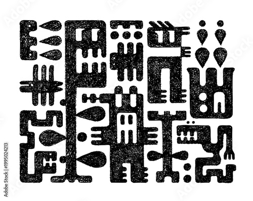 Abstract monsters silhouettes. Mexican ethnic characters drawn with crayon pencils. Geometric shadows of scary african tribal creatures. Black sketch of cute mayan monsters, vector illustration