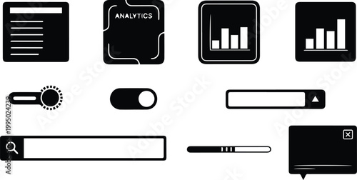 A collection of black and white icons representing various digital analytics and data visualization tools