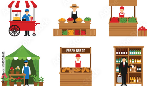 Street Market Vendor Icon Set Featuring Popcorn Cart Fruit Stand Vegetable Stall Flower Shop Bakery and Beverage Shelf for Local Business and Urban Lifestyle Designs