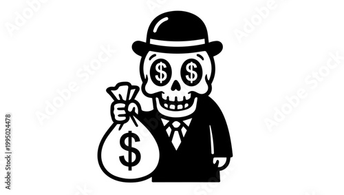 Cash Skull Icon with Dollar Eyes and Money Bag On Transparent Background, cash skull, money skull, cartoon skull, dollar eyes, wealth icon, greed character, money bag, cash bag, black and white icon, 