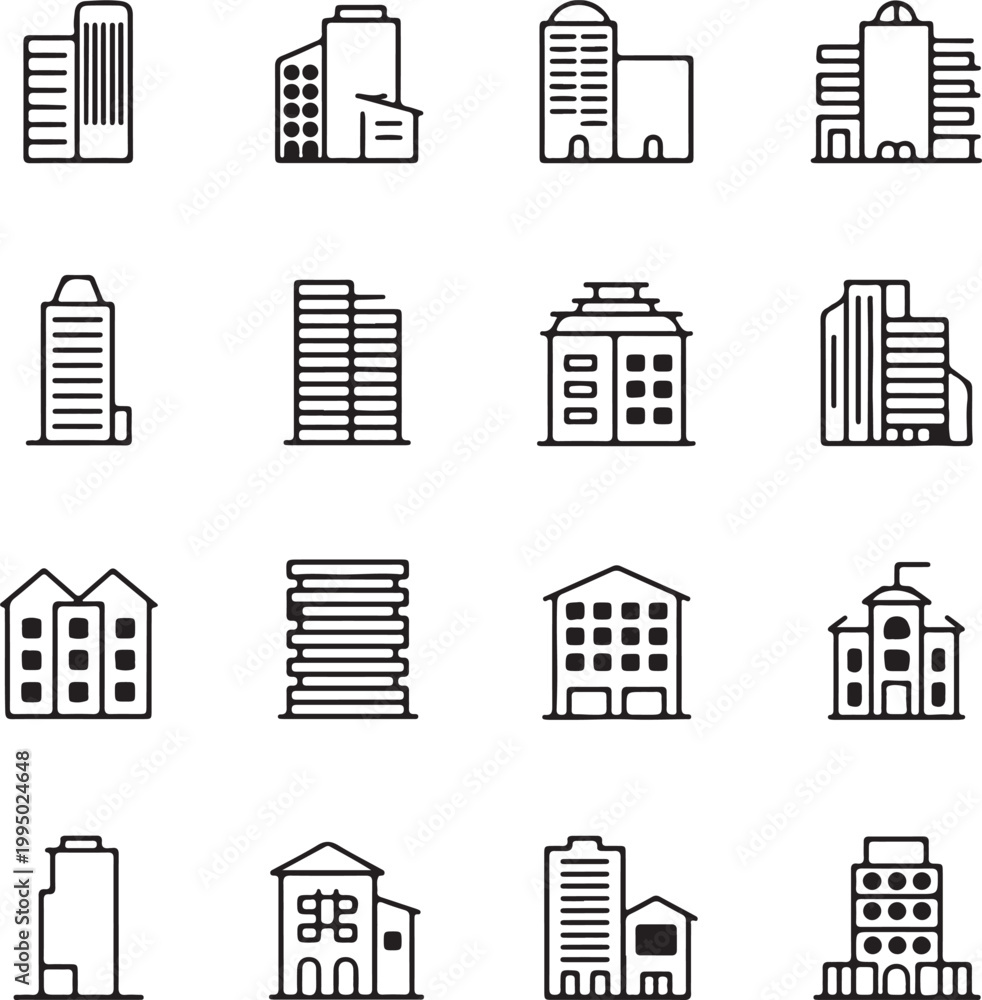 Fototapeta premium building icon set city and residential line art collection