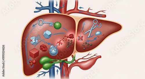 Liver Illustration with Metabolic Processes and Organ Function Depiction.