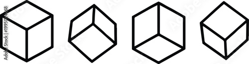cube isometric geometry diagram set solid dashed perspective views