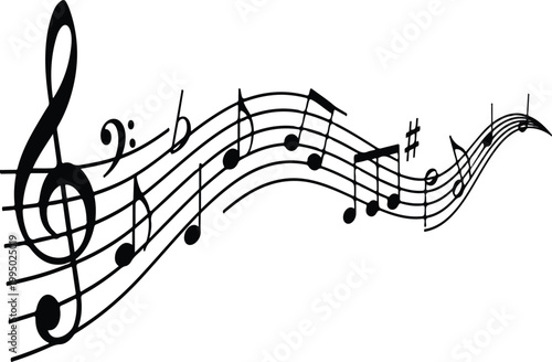 Abstract music background with musical notes vector illustration featuring a treble clef and black staff line design over a flowing sound wave pattern for classical art composition