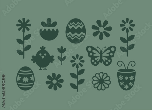 Collection of easter icons in dark green silhouette with butterfly, silhouette