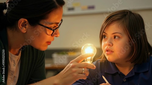 Teacher showing a glowing lightbulb to a student with Down syndrome. Special needs education concept for inspiration and discovery