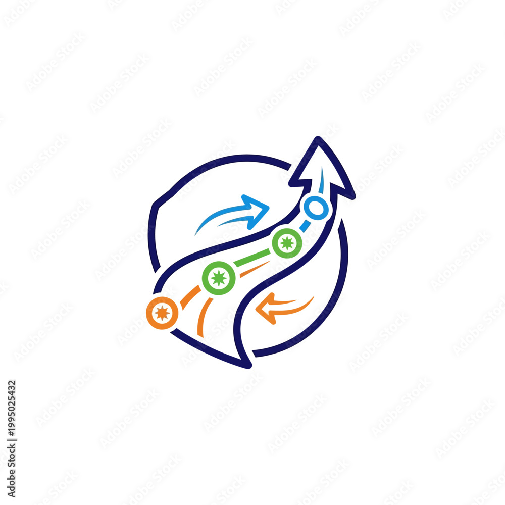 Obraz premium A stylized circular arrow graphic with colorful lines and circles.