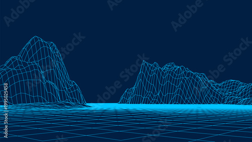 Bild auf Leinwand An abstract futuristic 3D mountain landscape in the style of the 1980s