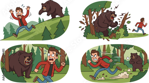 Scared Man Running Away from Angry Wild Bear in Forest Flat Vector Illustration Set for Wilderness Safety, Outdoor Survival, and Wildlife Encounter Concepts