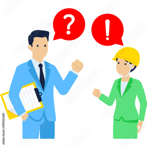 Problem-Solving on Site Worker Thinking and Supervisor Pointing Vector Illustration stock illustration

