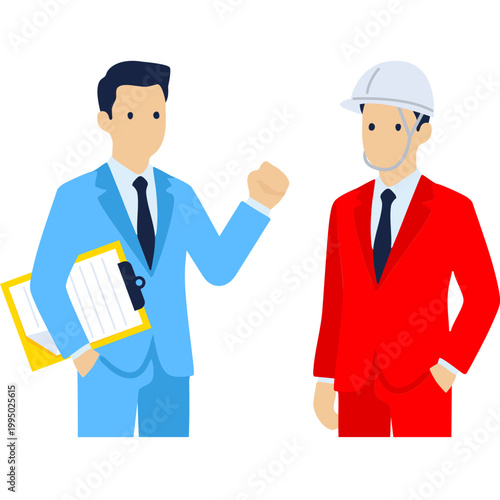 Vector illustration of a construction site meeting. A supervisor, a male worker, and a female worker are in discussion.

