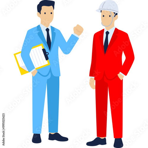 Vector illustration of a construction site meeting. A supervisor, a male worker, and a female worker are in discussion.

