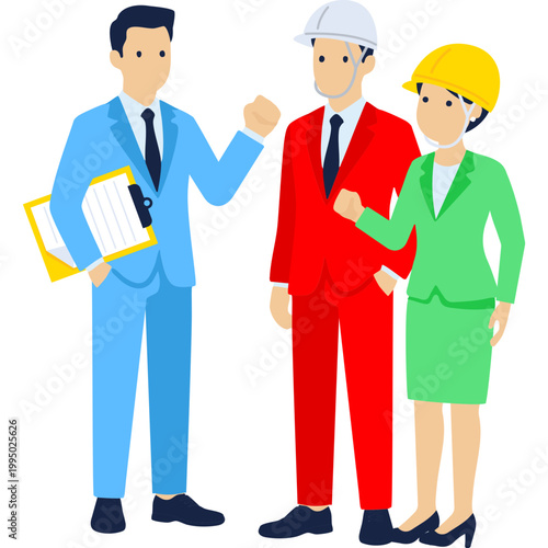 Vector illustration of a construction site meeting. A supervisor, a male worker, and a female worker are in discussion.

