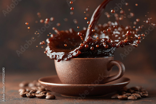 Coffee splash pouring into cup with beans