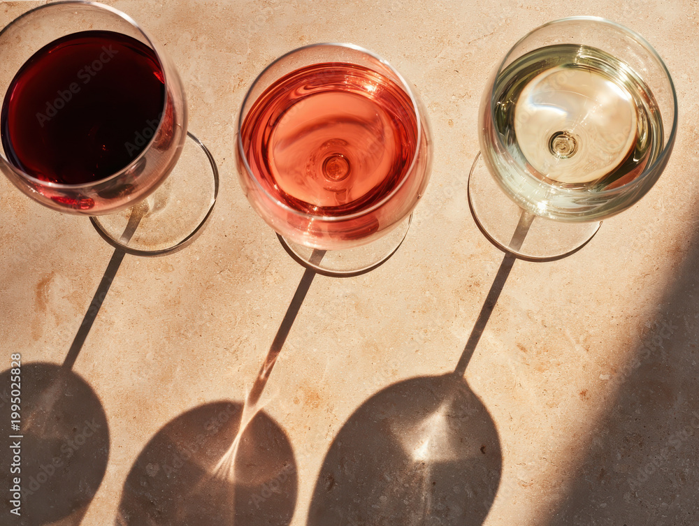 Fototapeta premium Top-down view of three wine glasses containing red, rosé and white wine casting long dramatic shadows in natural sunlight