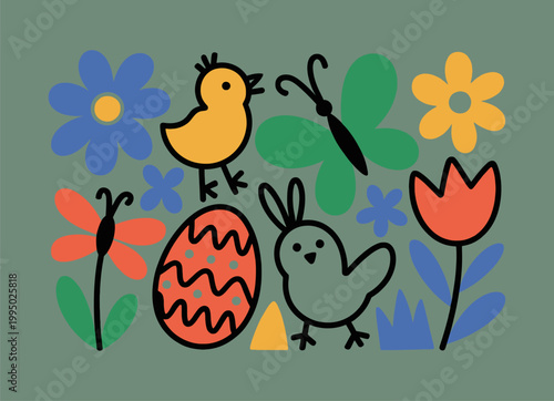 Cute easter illustration with chick bunny egg flowers butterfly