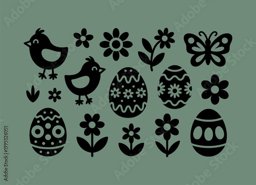 Easter symbols in black silhouette: chicks eggs flowers butterfly with butterfly