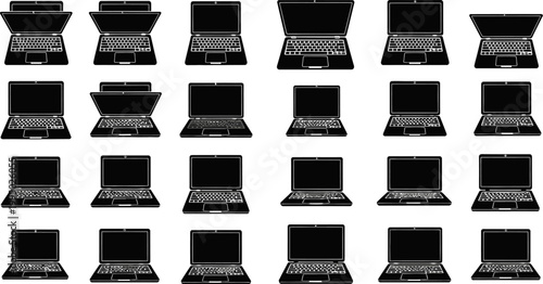 Collection of various laptop computers in different positions and states on white background