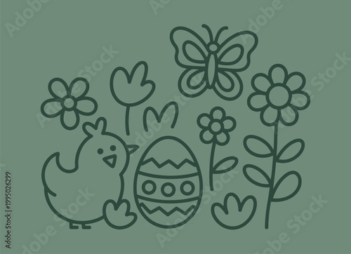 Hand-drawn line art easter elements: chick egg flowers butterfly with butterfly