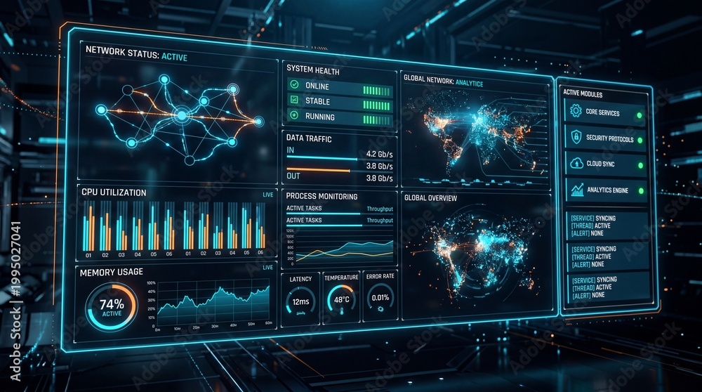 Fototapeta premium Futuristic data visualization interface with global metrics and elegant graphs in a high-tech environment