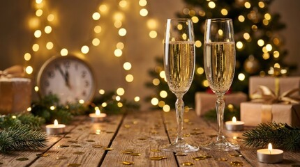 Two champagne flutes with sparkling wine on a festive table, New Year celebration concept, golden bokeh lights, elegant party atmosphere, realistic lifestyle detail, no logos