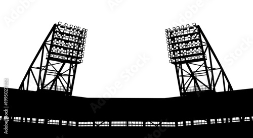 Silhouetted stadium light towers against a stark white background
