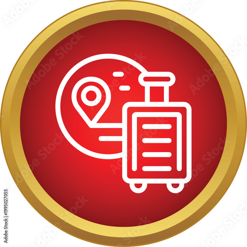 Outline icon representing luggage and a map pointer showing a travel destination