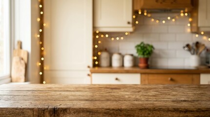 Wooden tabletop with blurry kitchen background and fairy lights with copy space, product display background with copy space, clean commercial setup, lifestyle interior context, balanced composition,