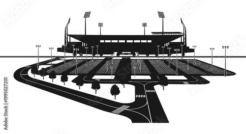 Black and white illustration of a large stadium with surrounding roads