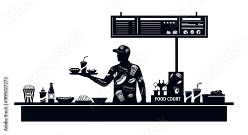 A black and white illustration of a food court vendor with offerings