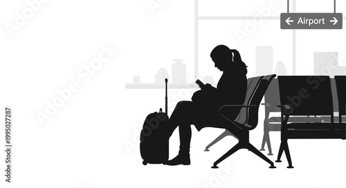A silhouette of a woman using a phone while waiting at an airport
