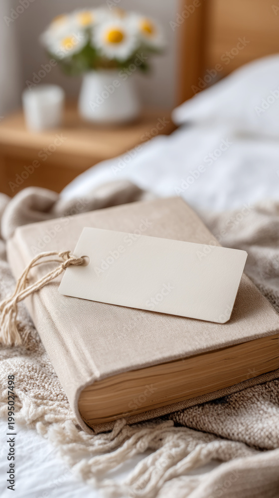 Fototapeta premium Cozy bedroom scene with book and bookmark on soft beige blanket