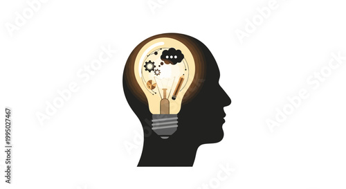 A human head silhouette containing a glowing lightbulb and internal gears