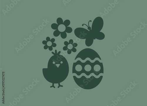 Minimalist easter icons: chick egg flowers butterfly silhouette with dark green