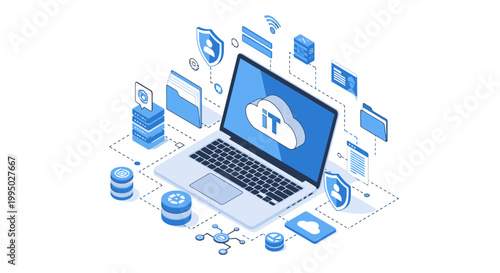 Isometric Cloud Computing and IT Services Illustration with Laptop, Server Infrastructure, Cybersecurity Icons, and Data Management Network on White Background