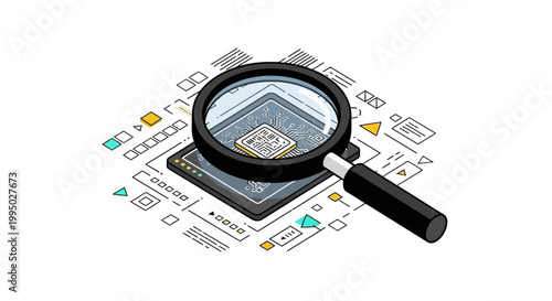 Magnifying Glass Inspecting Computer Microchip and CPU on Circuit Board, Isometric Vector Illustration for Tech Research, Analysis, and Hardware Development