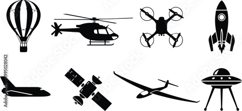 A collection of various aircraft and spacecraft silhouettes on a white background