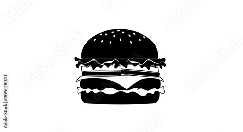 A simple black silhouette of a classic cheeseburger with sesame seeds