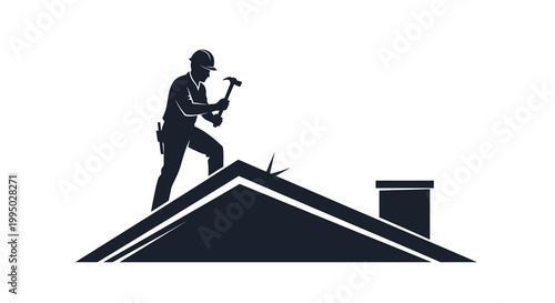 Roofer hammering on a house roof a silhouette illustration