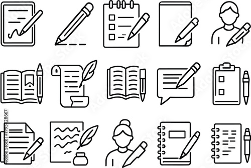 Writing and Note Taking Line Icon Set
