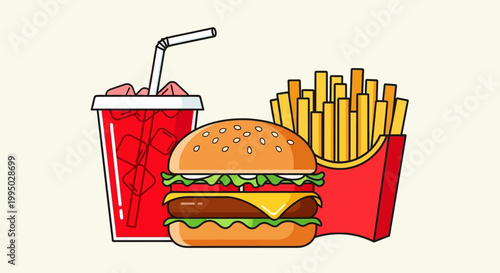 A colorful illustration depicts a classic fast food meal combo