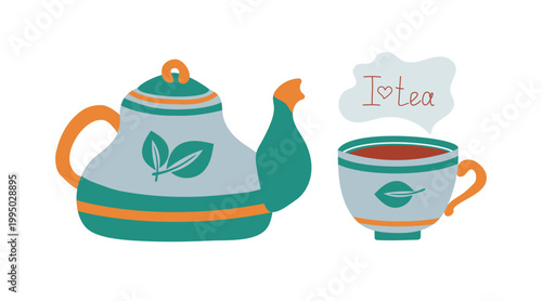 Cartoon teapot and cup. Cup of tea. Handwritten lettering. Hot, healthy, warming drink. Cute, bright set. Hand-drawn ceramic teaware. Tea leaf. Isolated on white background.