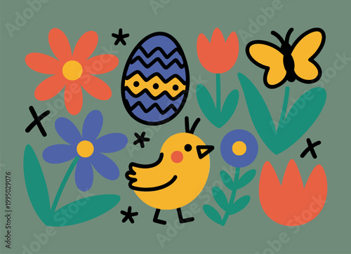 Cute hand-drawn easter illustration with chicken egg flowers and butterfly