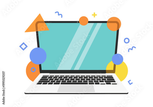 Abstract vector illustration of a modern laptop with geometric shapes and a blue screen