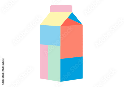 Colorful geometric milk carton vector illustration with abstract patterns and a pastel color palette, suitable for graphic design projects