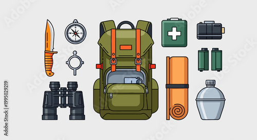 Survival gear layout including backpack knife compass and first aid kit