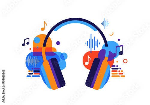 Abstract vector illustration of headphones with musical notes and sound waves, representing the concept of music and audio technology